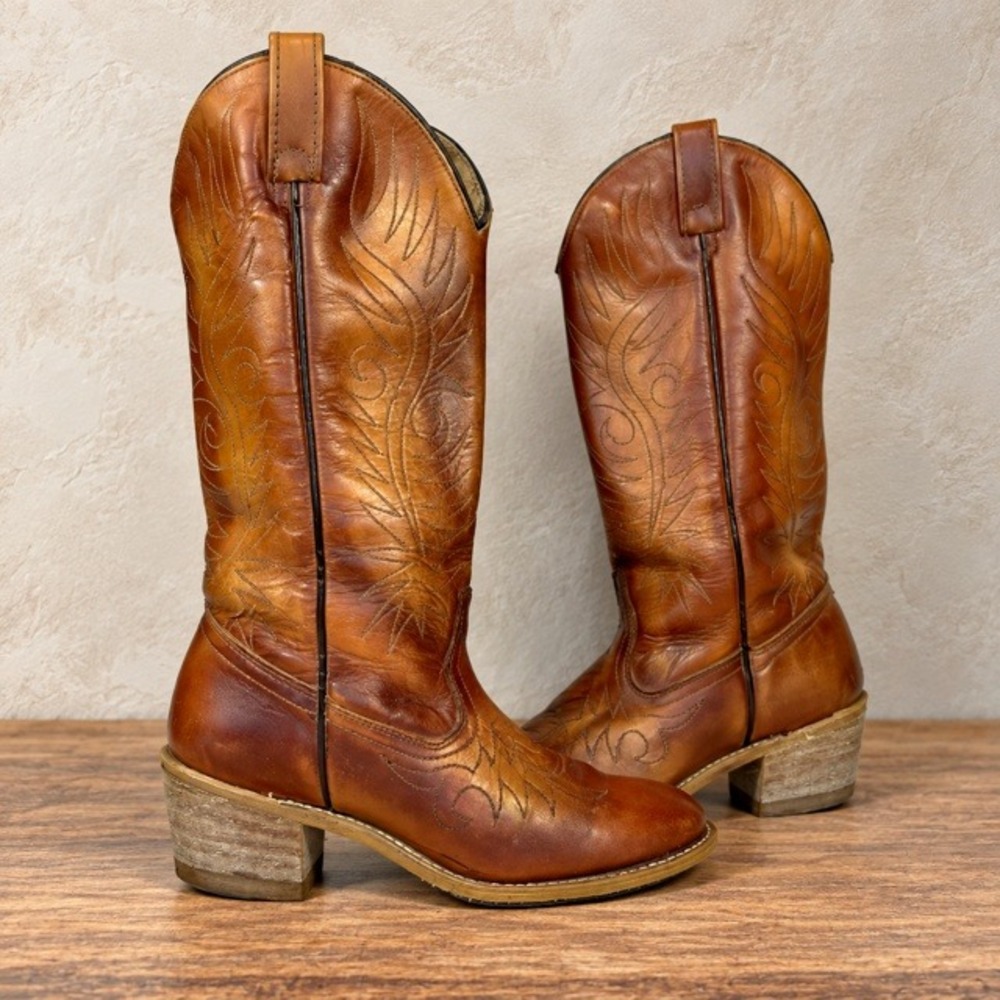 Vintage Acme Womens 6.5 Cognac Leather Cowboy Boots Western Stitched Tall